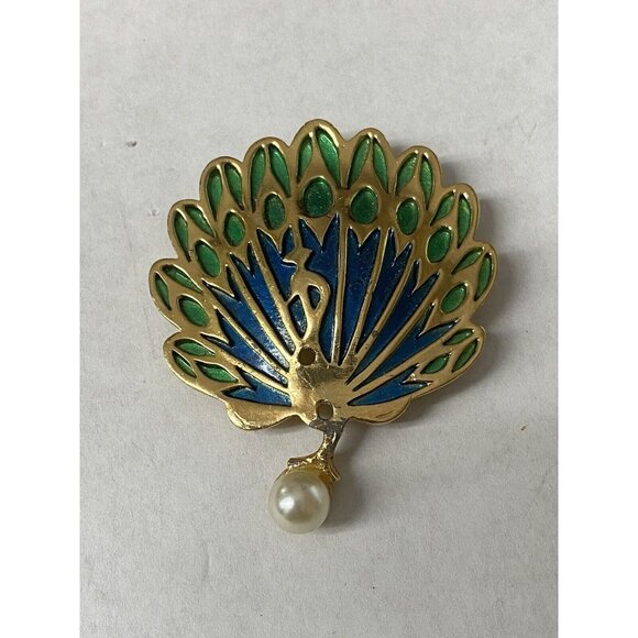Napier Jewelry - 1960s Napier Enamel Peacock Runway Statement Couture Pin Brooch Pearl READ